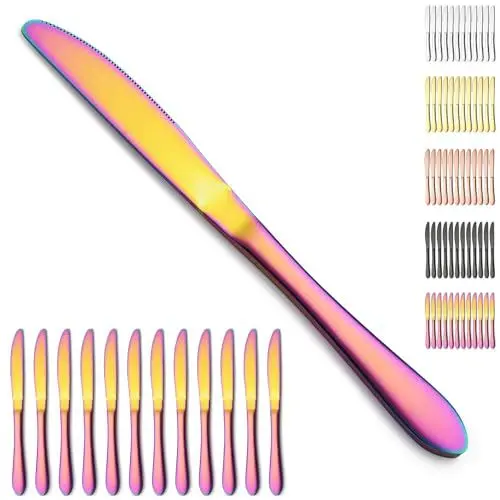 Produktbild: Berglander Regenbogen Tafelmesser Set von 12 Stück, Titan bunte Beschichtung Edelstahl Buttermesser Speisemesser für Zuhause, Restaurant, Hotel, spülmaschinenfest