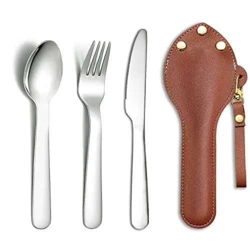 Produktbild: Berglander tragbares Camping Besteck Set 3-teiliges mit Lederbeutel leicht in der Tasche zu tragen, Edelstahlmesser, Löffel und Gabel Set perfekt für Schule, Arbeit, Bauernhof, Picknick, Reisen