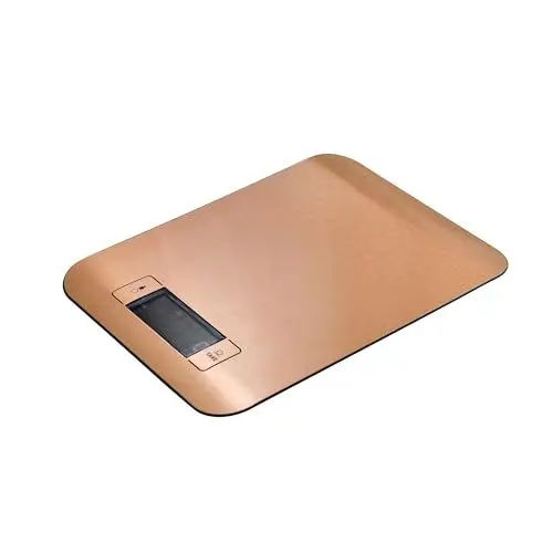 Produktbild: BERGNER COPPER Küchenwaage 0-5 kg, LCD-Anzeige mit Licht, Edelstahl und ABS, Genauigkeit 1 g, Überlast- und Batterieanzeigen, automatische Abschaltung