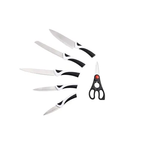 Produktbild: BERGNER KYOTO - Set 6PZS Edelstahlmesser - Enthält Kochmesser, Tranchiermesser, Brotmesser, Mehrzweckmesser und Schälmesser - Ergonomische Griffe - Robust und leicht zu reinigen