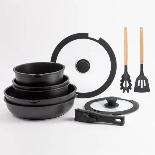 Produktbild: BERGNER - Set 10 PZS Schwarzes Easy Click Kochgeschirr - Pfannen und Töpfe mit schwarzer Antihaftbeschichtung - Inklusive Deckel und Utensilien - Abnehmbarer Griff