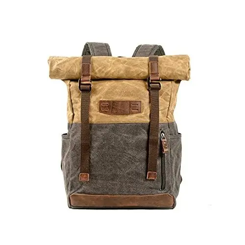 Produktbild: Bergsteigen Rucksack, Waterproofing Casual Canvas Rucksack, Echtes Leder Outdoor-Wandern und Bergsteigen Rucksack, Roll Top Design, erweiterte große Kapazität (Khaki)