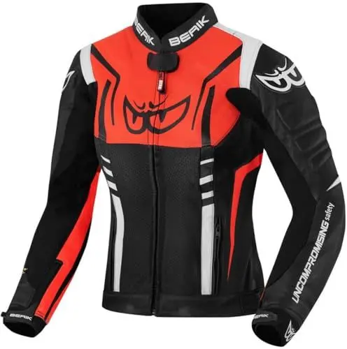 Produktbild: Berik Striper Damen Motorrad Lederjacke, schwarz/weiß/rot, 44