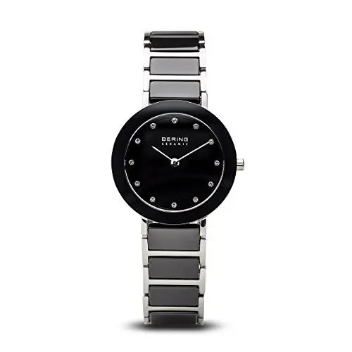 Produktbild: BERING Damen Quarz Uhr | Armbanduhr 29 mm silbernes Edelstahlgehäuse und schwarzes Zifferblatt | Edelstahlband mit Keramikelementen | 5 ATM | 11429-742