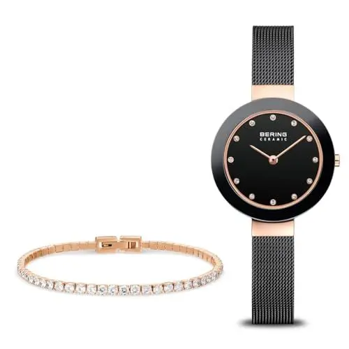 Produktbild: BERING Damen Quarz Uhr | Armbanduhr 29 mm roségoldenes Edelstahlgehäuse und schwarzes Zifferblatt | Milanaisearmband | Saphierglas | 5 ATM | 11429-166-GWP1
