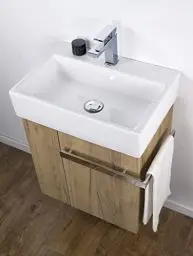 Produktbild: BERNSTEIN Waschbecken mit Unterschrank Kleines Badmöbel-Set Compact 500 in Eiche-Optik Waschtisch mit Schrank Gästebad Gäse-WC mit Schublade und seitlichem Ablagefach