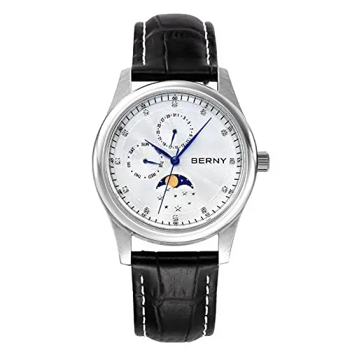Produktbild: BERNY Uhren für Männer wasserdichte Herrenuhren mit echtem Lederarmband Mode Herrenuhr mit Kalender Woche Mondphase Dail