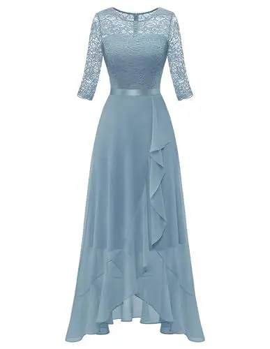 Produktbild: Berylove Cocktailkleid Damen Elegant Chiffon Elegant Vokuhila Kleid Tüll Kleid Hochzeitskleid Jugendweihe Kleider Ballkleider Damen Lang BLP7069NC Greyblue S
