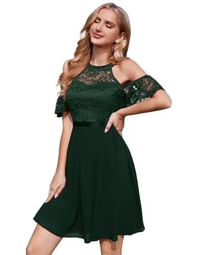 Produktbild: Berylove Cocktailkleid Damen Kurz Spitzenkleid Damen Elegant Neckholder Kleid Schickes Kleid Damen Swing Trauzeugin Kleid BLP7061 DarkGreen M