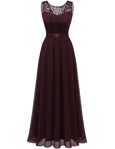Produktbild: Berylove Damen Abendkleid Elegant Cocktailkleid Lang Brautjunferkleid Chiffon Spitzen Kleid Hochzeit Party Burgund BLP7025 Burgundy L