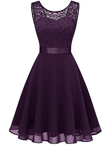 Produktbild: Berylove Damen Spitzenkleid Brautjungfer Elegant Party Knielang Cocktailkleid Chiffon Ärmellos Traube BLP7005 B-Grape-3XL