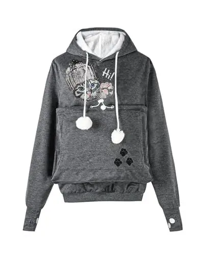 Produktbild: besbomig Kapuzenpullover Damen mit Katzen Großen Tasche, Pulli mit Katzentasche Katzenpullover Frauen Hoodie, Super Weich und Bequem Pullover für Katze Sweatshirt Langarm für Frühling Herbst