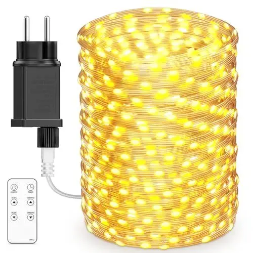 Produktbild: BESCOST Lichterkette Außen mit Stecker, 100M 1000 LED Lichterkette Innen mit Fernbedienung, 8 modi Dimmbar Wasserdicht Fairy Lights mit Timer für Outdoor Garten Balkon Hochzeit Party, Warmweiß