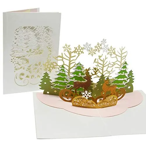 Produktbild: Besinnliche Weihnachtskarte mit extra Seite für Weihnachtsgrüße - 3-seitige Klappkarte - festliche 3D Pop-Up Karte mit Rentier - gut geeignet für Weihnachten & Gutschein