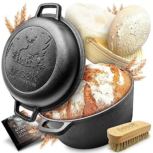 Produktbild: besøk Brottopf Set (inkl. Gärkorb + Bürste + Rezeptheft) Anti-Haft Patina Gusseisen Topf ⌀26 cm (5,5 Liter) zum Brot backen - Brotbackform induktionsgeeignet eingebrannt rund mit Deckel