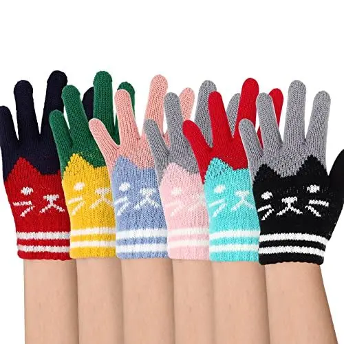 Produktbild: BESPORTBLE 6 Paar Winterhandschuhe Kinder - Fingerhandschuhe Katze mit Vollfinger, Warme Teenager Winter Dehnbar Strickhandschuhe für Kinder, Kinderhandschuhe für Jungen Mädchen 3-8 Jahre Alt