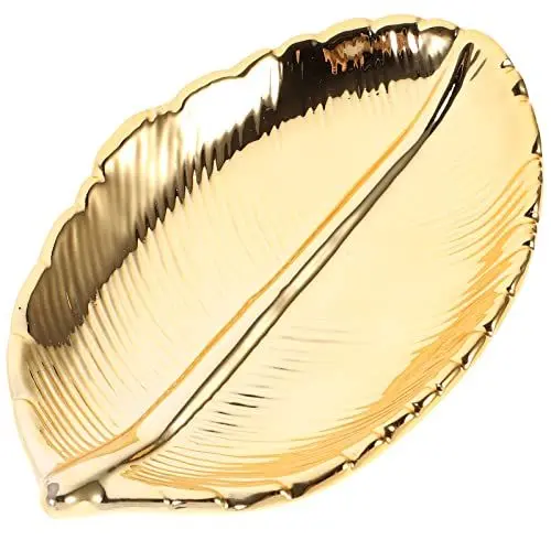 Produktbild: BESPORTBLE Deko Tablett Keramik Servierteller Gold Blatt Serviertablett Dekoschale Schmuckständer dekoteller Schmuckhalter Schale Organizer Tablett für Lebensmittel Schmuck Kosmetik Wohnzimmer Deko