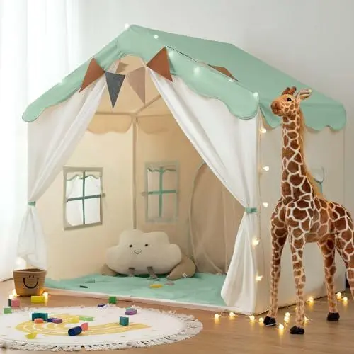 Produktbild: besrey 2 IN 1 Kinderzelt Indoor groß, Kinder Spielhaus Indoor mit Matte, Spielzelt groß für Drinnen, Kinder Hauszelt, Kinderspielhaus, Kinderhaus Zelt, Kinder Zelt Bettzelt ab 3 Jahre