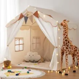 Produktbild: besrey 2 IN 1 Kinderzelt, Kinder Spielhaus Indoor mit Matte und Lichtern, Kinder Bettzelt,Spielzelt für Drinnen,Prinzessin Zelt, Kinderspielhaus, Kuschelecke Kinderzimmer Dekor ab 3 Jahre beige