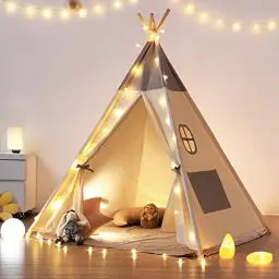 Produktbild: besrey Tipi Zelt für Kinder,Tippi Kinderzelt Kinderzelt für drinnen/Outdoor aus Baumwolle +Lichtern+graue Matte Spielzelt