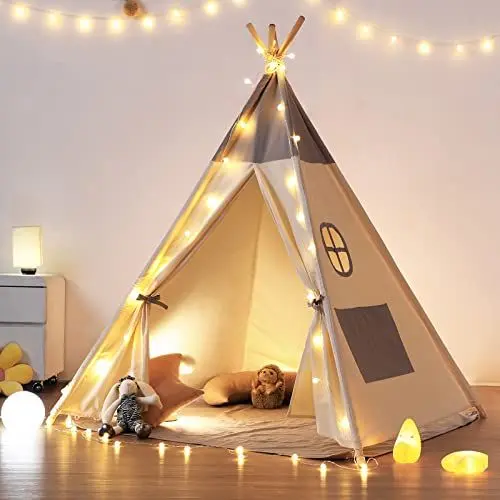Produktbild: besrey Tipi Zelt für Kinder,Tippi Kinderzelt Kinderzelt für drinnen/Outdoor aus Baumwolle +Lichtern+graue Matte Spielzelt