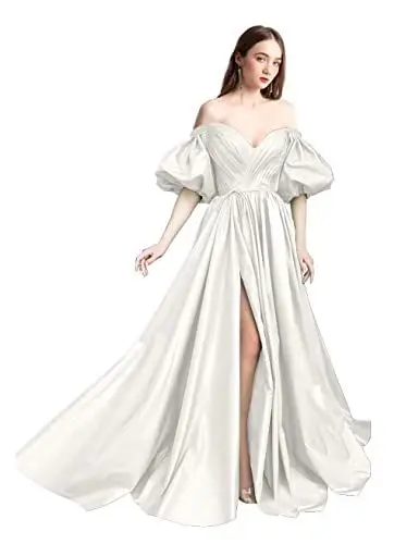 Produktbild: BessDress Schulterfrei, Puffärmel, Ballkleid, lang, formell, Abendkleid, Ballkleid, Taschen, Schlitz, Satinkleid, Elfenbeinfarben, 6