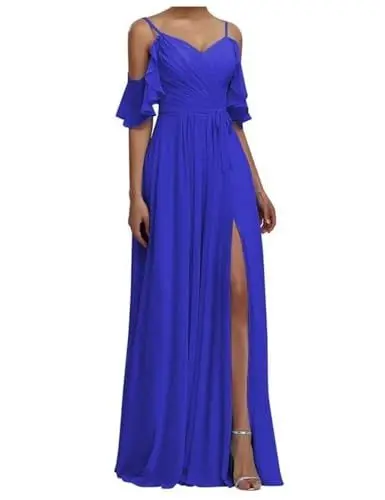 Produktbild: BessDress Schulterfreies Brautjungfernkleid mit Schlitz, Rüschenärmel, Chiffon, Ballkleid, A-Linie, formelles Kleid BS206, A-royal blau, 32