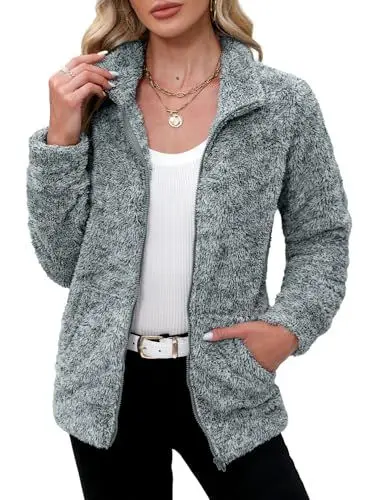 Produktbild: BesserBay Winter Damen Taschen Reißverschluss Warm Stehkragen Fleece Jacke Herbst Bequem Plüschjacke Grau XL