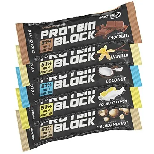 Produktbild: Best Body Nutrition Protein Block MIX BOX, mit Chocolate, Vanilla, Coconut, Yoghurt Lemon und Macadamia Nut, 15 x 90g Riegel pro Karton