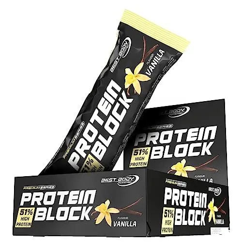 Produktbild: Best Body Nutrition Protein Block, Vanille, 51% Protein pro Riegel, 15 x 90 g Riegel pro Karton, 1.35 kg