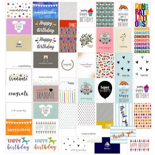 Produktbild: 48 Stück Grußkarten mit Umschlägen für Diverse Anlässe Inkl. Geburtstagskarten, Dankeskarten, Klappkarten, 48 Motive, Je 10 x 15 cm