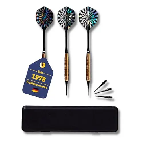 Produktbild: BEST SPORTING Safety-Dartpfeile Sabre I 3 Dartpfeile mit Kunststoffspitze & Messinghülse I Softdart-Set I E-Dart Pfeile in 14 oder 18 g I inkl. Ersatzspitzen & Dart-Etui I Dart-Zubehör