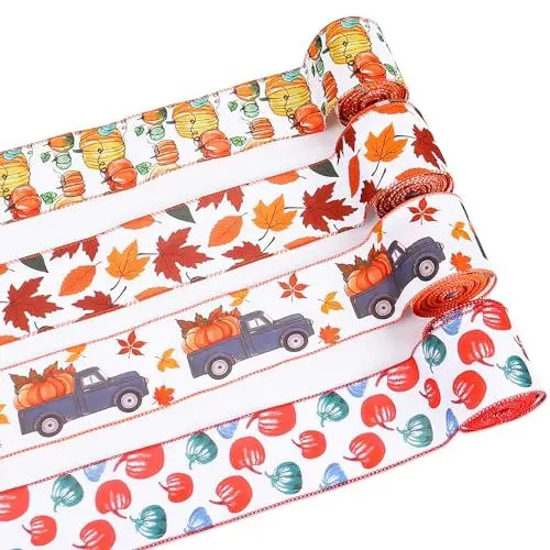 Produktbild: BestAlice 4 Rollen 20 Yards Herbst-Sackleinenbänder, 2,5-Zoll-Kürbis-Ahornblatt-Band mit Drahtrand, Rustikales Orangefarbenes Erntewagen-Karoband für Thanksgiving-Geschenkverpackungen, Kranz-Bastelarb