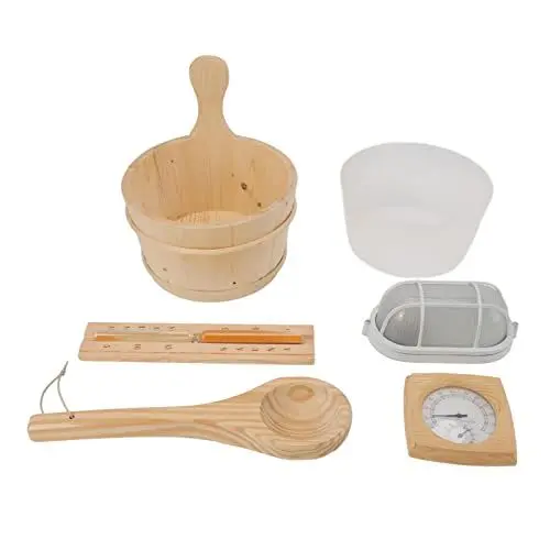 Produktbild: BestAlice 5-teiliges Sauna-Zubehör, Sauna-Eimer und Schöpflöffel-Set, 1 Gallone (4 L), Hölzerner Sauna-Eimer mit Liner, Saunaraum-Badeeimer, Löffel, Hygrothermograph, Sanduhr-Set für Sauna-Spa-Badezim
