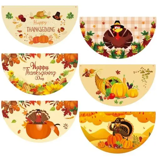 Produktbild: Marooma 6 Stück Thanksgiving-Fan-Flagge, 4,8 X 91 Cm, Herbst-Wimpelkette, Fan-Flagge für Draußen, Herbstbanner, Polyester-Fan-Flagge, Kürbis-Türkei-Muster, Wimpelkette für