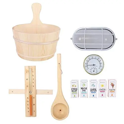 Produktbild: BestAlice 6-teiliges Sauna-Zubehör-Sauna-Eimer- und Schöpfkellen-Set, 1 Gallone (4 L) Hölzerner Sauna-Eimer mit Einsatz, Holzfass-Löffel-Sanduhr-Hygrothermograph-Set mit ätherischen Ölen