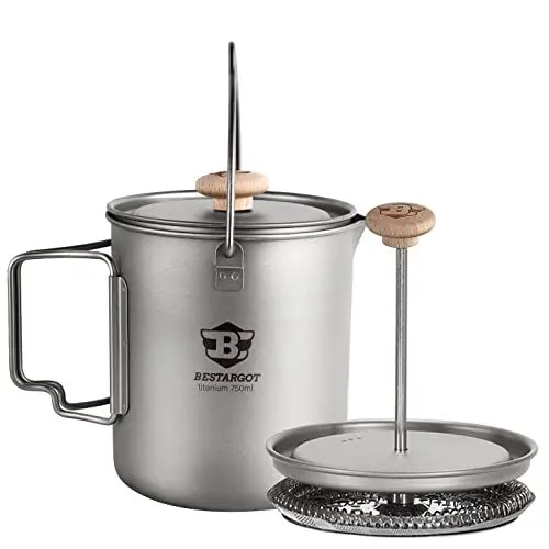 Produktbild: Bestargot French Press Titan Camping Kaffeekocher, 750ml max Titan Topf Becher Tasse für Outdoor & Camping, ultraleichtes Campinggeschirr, 188g für Bushcraft & Reisen
