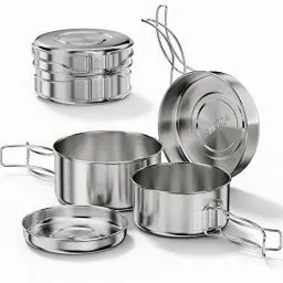 Produktbild: Bestargot Camping Topf Kochgeschirr Set aus Edelstahl 304, 4-teiliges Camping Topfset (900ml + 600ml), Camping Kochtopf Outdoor Geschirr Set, Ou