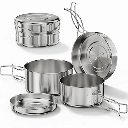 Produktbild: Bestargot Camping Topf Kochgeschirr Set aus Edelstahl 304, 4-teiliges Camping Topfset (900ml + 600ml), Camping Kochtopf Outdoor Geschirr Set, Ou