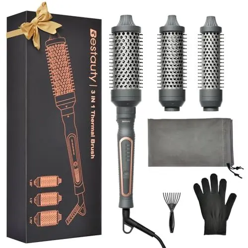 Produktbild: Bestauty Thermobürste, 3 in 1 Thermal brush 38mm 32mm 45mm (5 einstellbarer Temperatur 150-230℃) Ionisch Lockenstabbürste verwendet als Volumen Haar Kamm Glätteisen Lockenstab mit Dual-Spannung, Grau