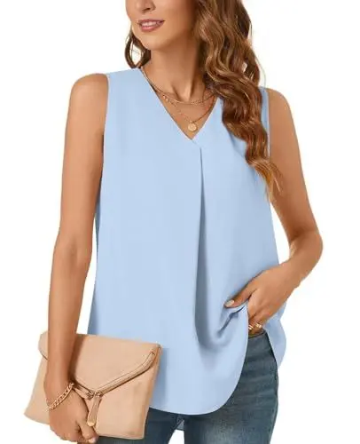 Produktbild: Bestbee Damen Casual Tank Tops 2024 Sommer Dressy Chiffon Blusen V Hals ärmellose Tunika Tops Büro Niedlich Arbeit Shirts, M, Hellblau