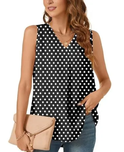 Produktbild: Bestbee Damen Casual Tank Tops Plus Size Büro Niedlich Arbeit Shirts 2024 Sommer Dressy Chiffon Blusen V Hals ärmellose Tunika Tops, 2XL, Polka Dots Schwarz