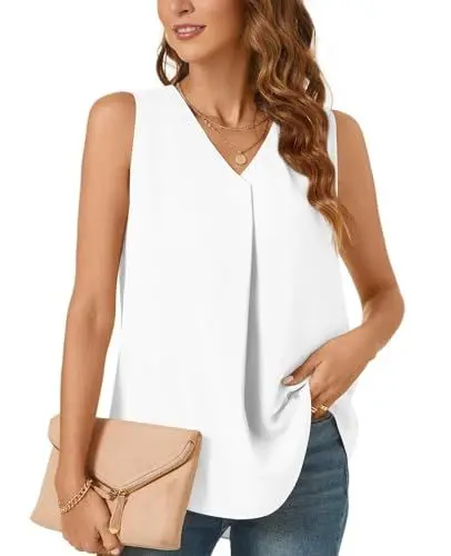 Produktbild: Bestbee Damen Casual Tank Tops 2024 Sommer Dressy Chiffon Blusen V Hals ärmellose Tunika Tops Büro Niedlich Arbeit Shirts, M, Weiß