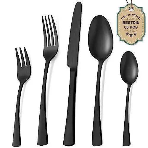 Produktbild: Bestdin Besteck Set 12 Personen, 60 teilig Edelstahl Besteckset Schwarz Matt, Essbesteck Set mit Messer Gabel Löffel, Hochwertiges Edelstahlbesteck, Spülmaschinenfest.