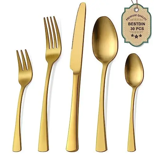 Produktbild: Bestdin Besteck Set 6 Personen, 30 teilig Edelstahl Besteckset Matt Gold Essbesteck Set mit Messer Gabel Löffel, Hochwertiges Edelstahlbesteck, Spülmaschinenfest.
