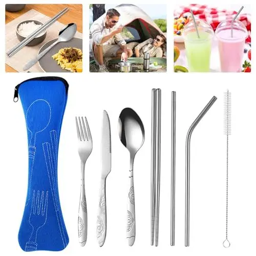 Produktbild: Besteck Campingbesteck Messer Und Gabel Set Feldbesteck Camping Besteckset Outdoor Reisebesteck Cutlery Bestecktasche für Unterwegs Messer Geschirr 1 Person, 8 StüCk