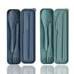Produktbild: Besteck Set, 2 Pcs Camping Besteck mit Koffer, Kunststoff Reisebesteck Löffel Messer Gabel Essstäbchen Etui, Campingbesteck Tragbares Camping Besteckset Wiederverwendbares für Picknick Outdoor