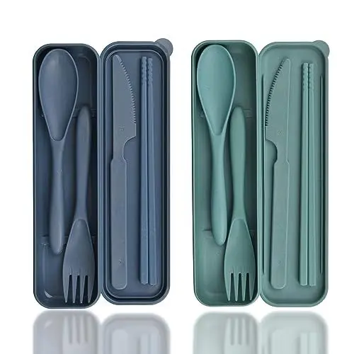 Produktbild: Besteck Set, 2 Pcs Camping Besteck mit Koffer, Kunststoff Reisebesteck Löffel Messer Gabel Essstäbchen Etui, Campingbesteck Tragbares Camping Besteckset Wiederverwendbares für Picknick Outdoor