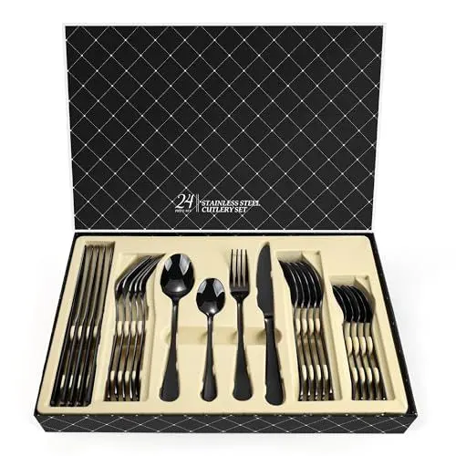Produktbild: Besteck Set 6 Personen, Schwarzes Besteck Verdicktes Messer und Gabel Besteck Schwarz 24-Teilig für Hause, Hochglanzpoliert/Rostfrei/Spülmaschinenfest