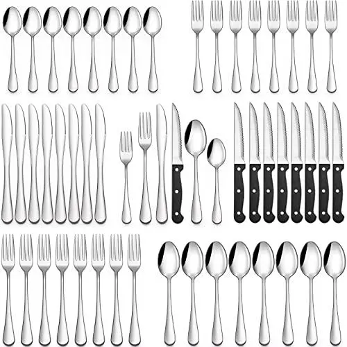 Produktbild: Besteck Set 8 Personen, 48 Stück Cutlery Set Lebensmittelqualität Camping Essbesteck Edelstahl Gabel Messer Löffel Tafelbesteck Küchen Tafelbesteck, Spiegelglanz, Spülmaschinenfest (Silber)
